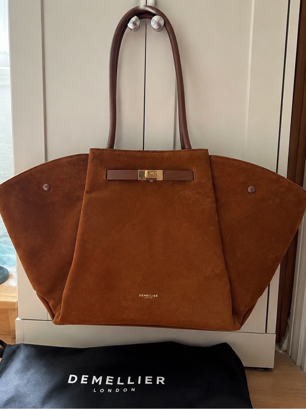 DeMellier Brown Suede Tote with Leather Handles and Gold Accent - Picture 3 of 3